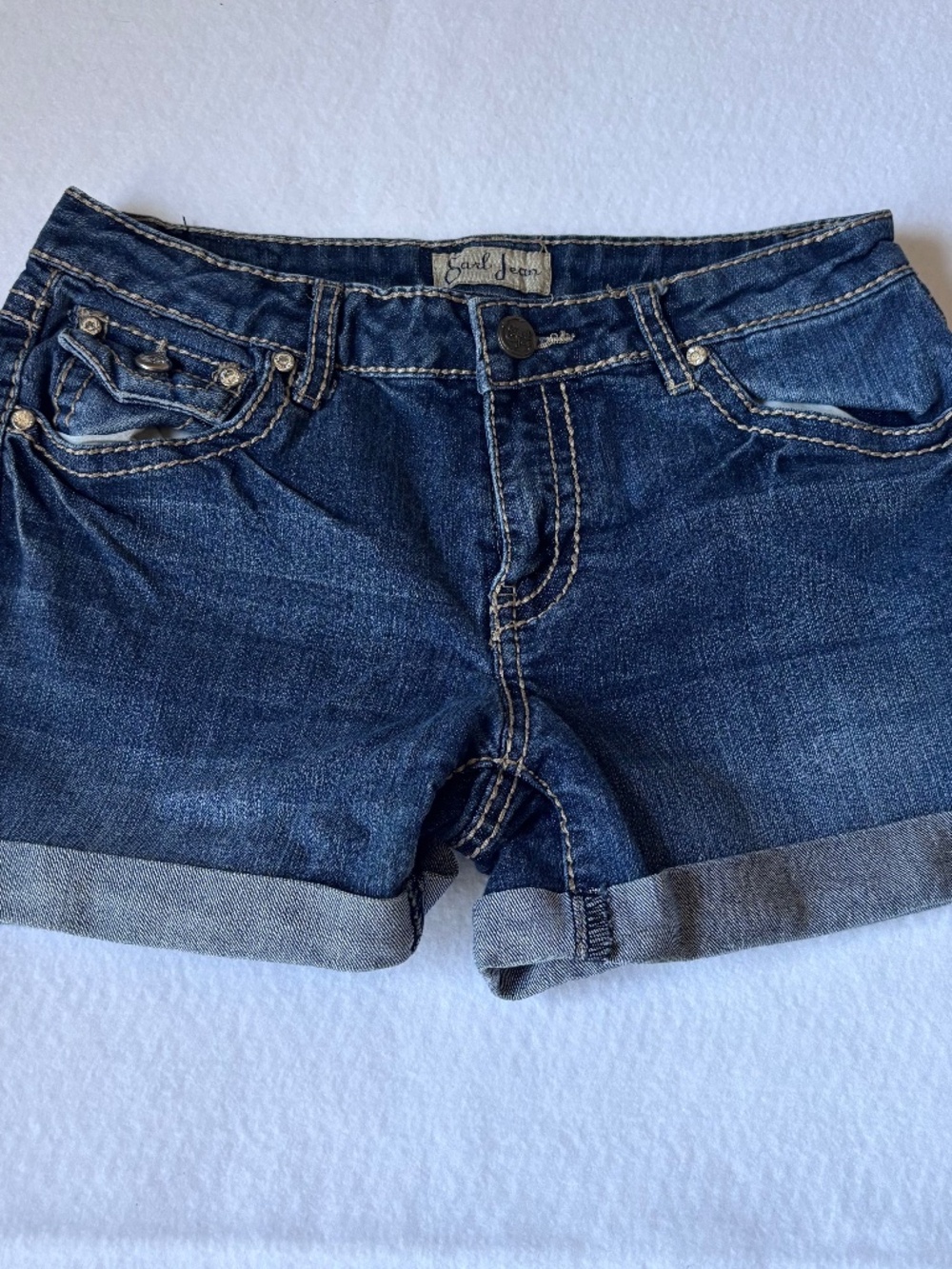 Earl Jean Y2K Dark Wash Denim Cuffed Shorts Thick Stitch Rhinestone Sz 2